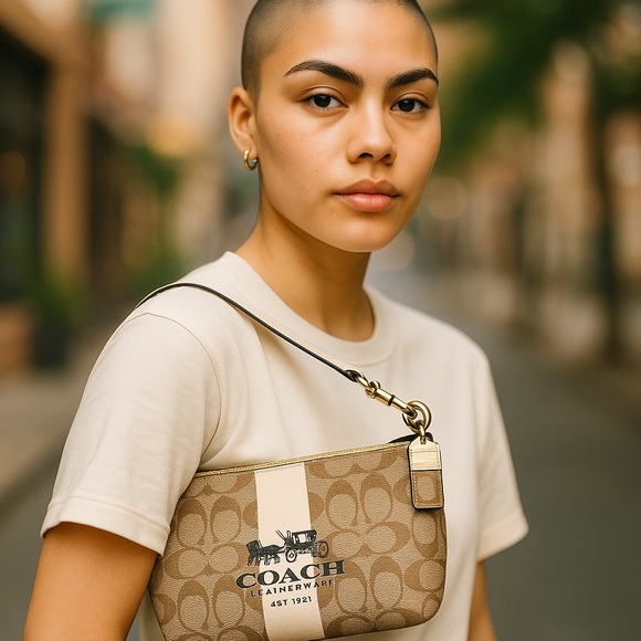 Coach Signature Shoulder Bag – Tan & Cream | Classic Chic Everyday Icon - Picture 1 of 9